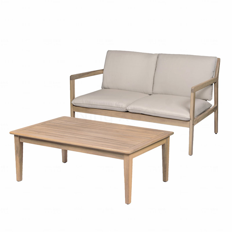 Outdoor Acacia Wood Loveseat With Coffee Table Light Teak Frame Beige Cushion