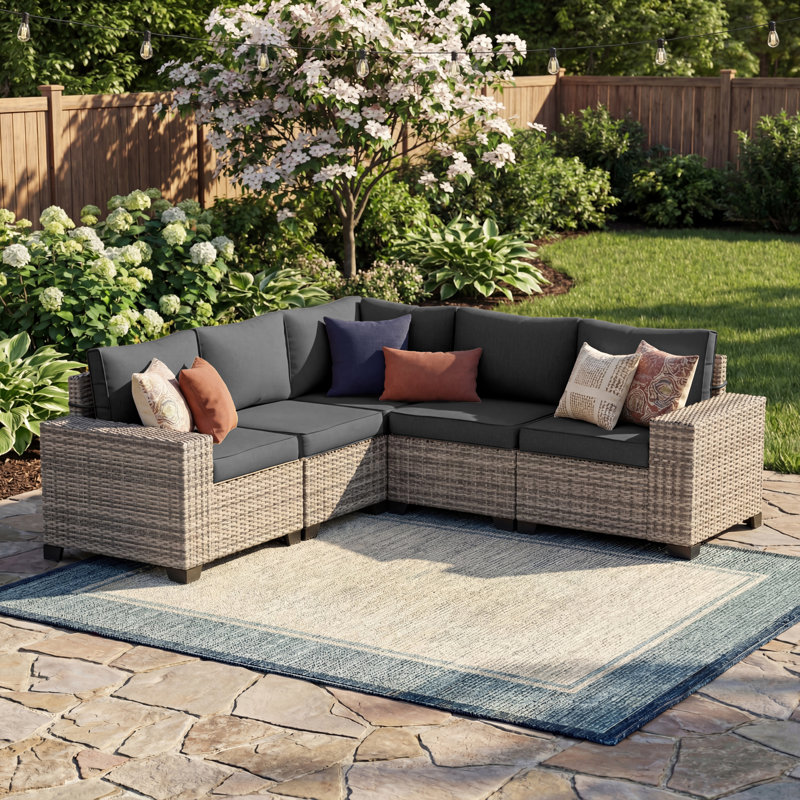 5-Person All-Weather PE Wicker Outdoor Sectional Sofa Set With Cushions And Wide Armrests, Black