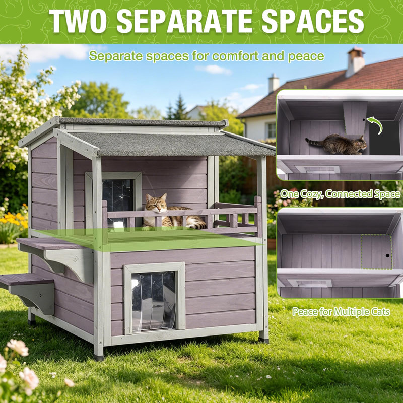 Outdoor Cat House Weatherproof Two Story Feral Cat Shelters with Escape Doors, Insulated Solid Wood, and Removable Middle Floor for Multiple Cats