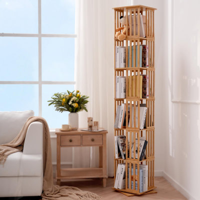 360°Rotating Bamboo Bookshelf With Cross Dividers For Anti-Tipping, Large-Capacity Organizer, Stable Base For Living Room/Study/Office (Pre-Assembled For Easy Assembly)