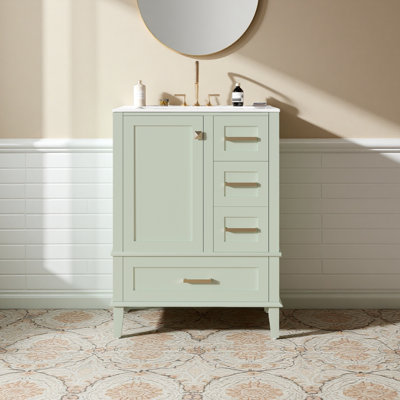 Meuble-lavabo de salle de bain avec lavabo en céramique, armoire autoportante moderne avec porte à fermeture en douceur, tiroir profond, tiroir peu profond et tiroir large pour un rangement peu encombrant