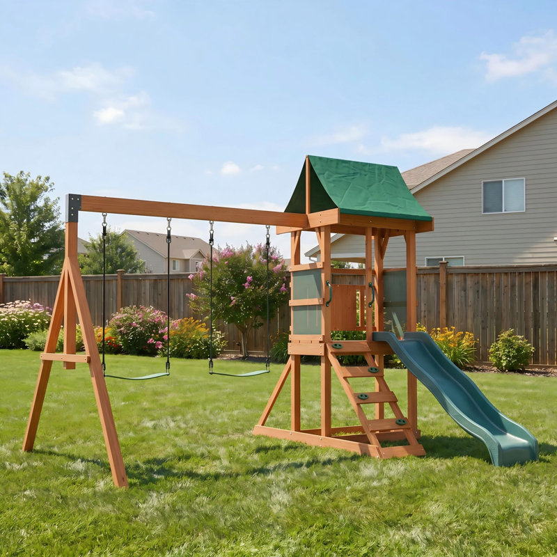 Wooden Swing Set with Slide, Climbing Wall & Sandbox