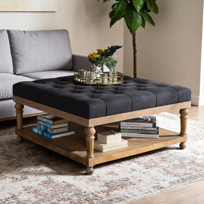 Whirl Tufted Ottoman Upholstered with Grey Fabric & Greywashed Wood, 19.9" H X 37.5" W X 37.5" D