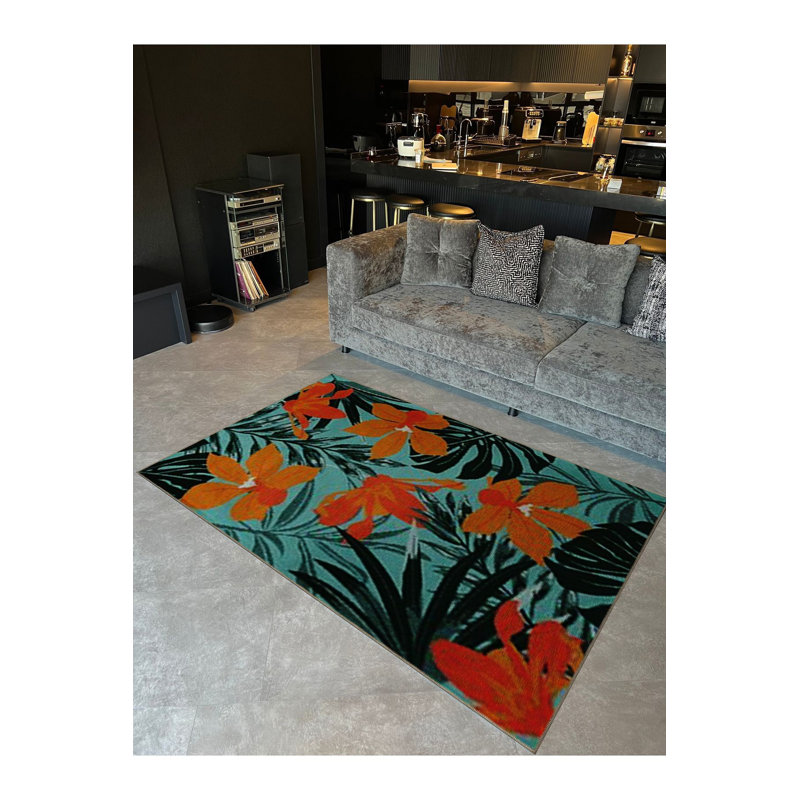 Tapis turquoise lavable à motif floral et à motif de feuilles, Sous-tapis rectangulaire de 3 pi 3 po x 4 pi 11 po