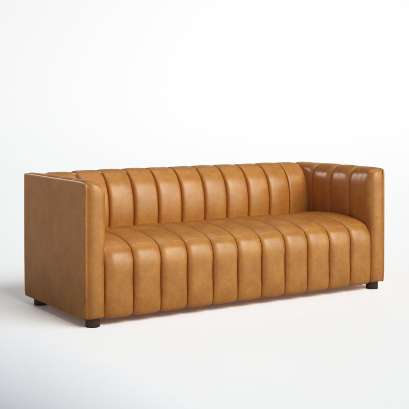Anorea 83'' Genuine Leather Channel Tufted Sofa, Camel Pebbled Genuine Leather