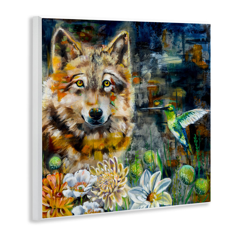 Magnifique art mural loup et colibri par Linda McClure