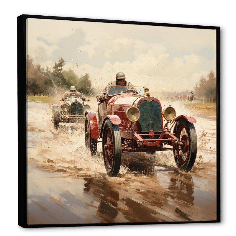 «Red Car 1930 Race Car Tracks I», art mural rouge, Cadre flottant noir, H 16 po x l 16 po