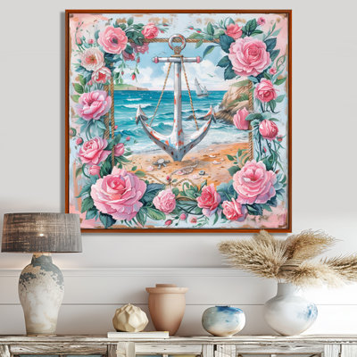 Pink Green Coastal Vintage Anchor Roses I - Coastal Wall Decor