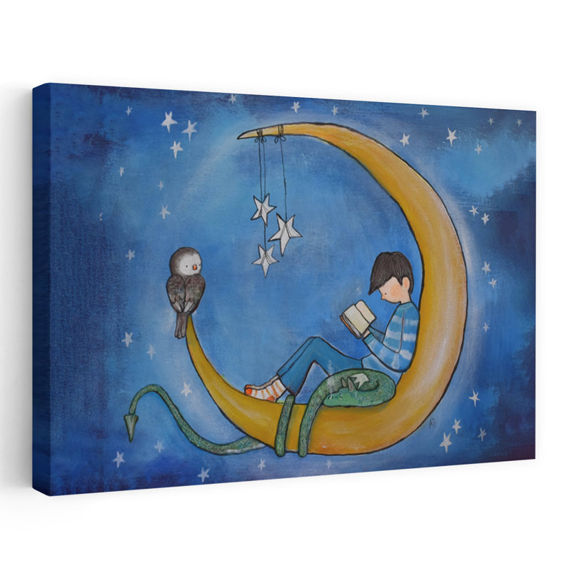 Garçon lisant sur la lune, art mural abstrait contemporain avec oiseau hibou et paysage forestier, H 16 po x l 24 po