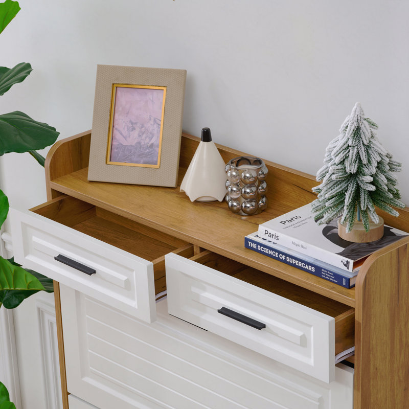Large Two-Drawer Shoe Storage Cabinet With Three-Fold Doors, Brown