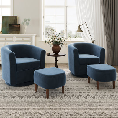Upholstered Swivel Barrel Chair With Storage Ottoman, 24.5″ Wide Small Accent Chair, 360° Rotation(Set Of 2)