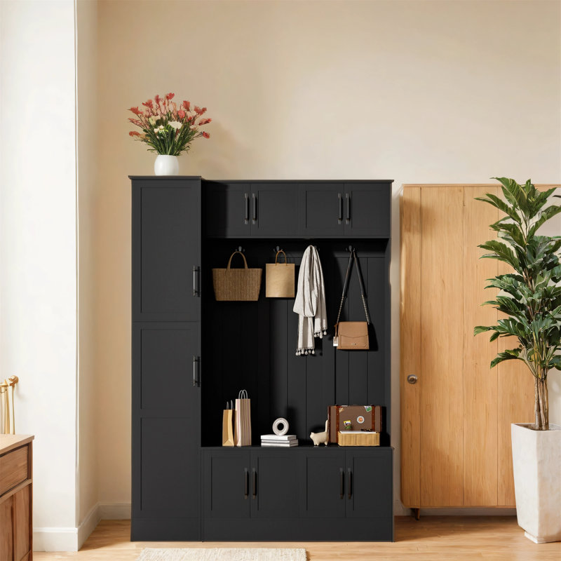 Portemanteaux moderne de 79 pouces de hauteur avec range-chaussures, Noir mat