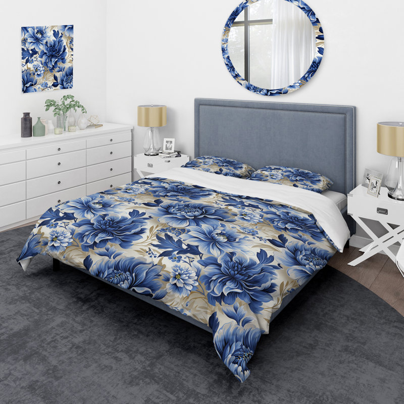 Ensemble de housse de couette blanc et bleu Damask Breeze IV - Damask, Housse de couette pour grand lit et 2 taies décor