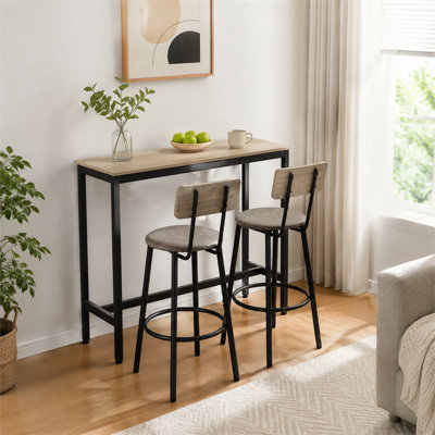 Long bar table and chair set featuring a metal frame and grey wood-grain finish, paired with two PU-upholstered stools with backrests—ideal for casual home dining or relaxation.
