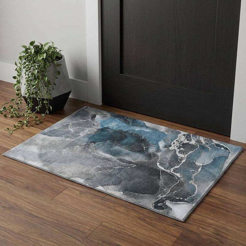 Tapis abstrait bleu et gris anthracite lavable 3 pi x 5 pi avec protection UV