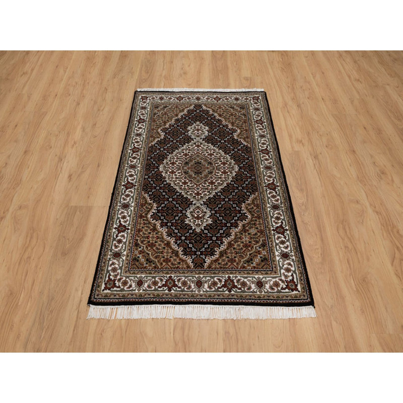 Tapis oriental noué à la main 3 pi 2 po x 5 pi 4 po Tabriz Mahi avec médaillon de poisson, 100% laine, 175 KPSI