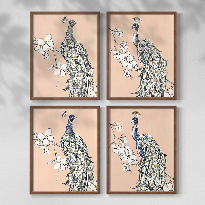 «Peacock I», ensemble de 4 encadrées, Noyer, H 20 po x l 16 po