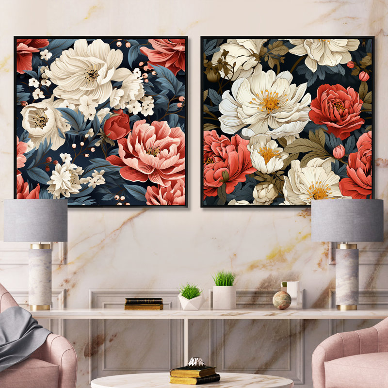 Dupuy - Ensemble de 2 collages carrés floraux, Cadre flottant noir, H 16 po x l 33 po