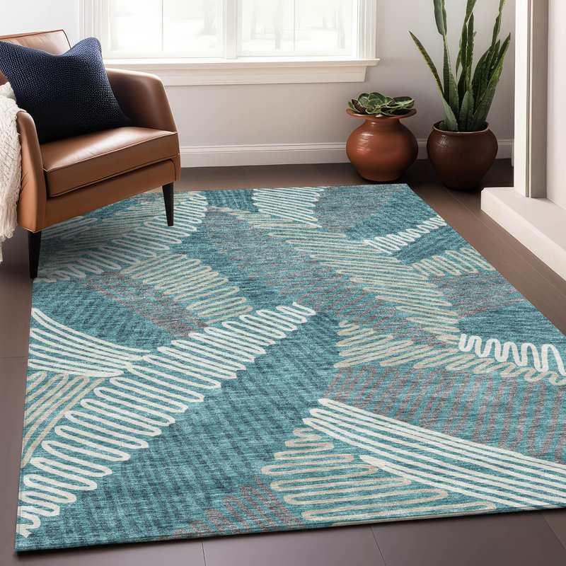 Premium Machine Washable Prisco Teal Rug, Rectangle 10' x 14'