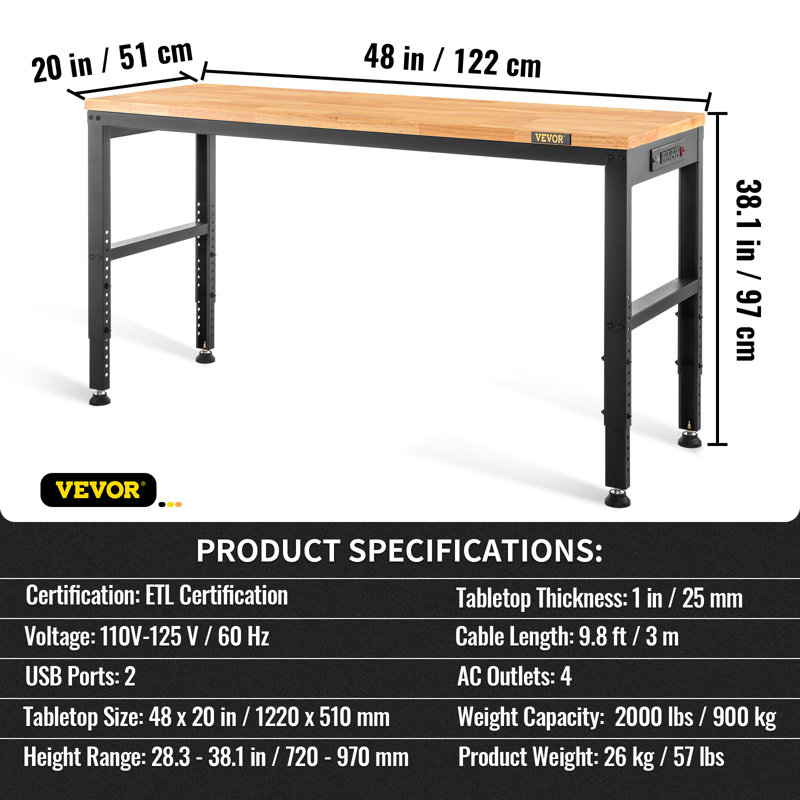 48'' Adjustable Height Oak and Steel Workbench