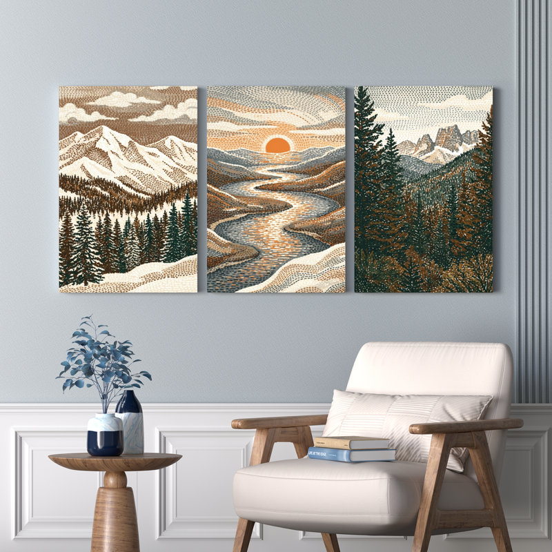 Paysage de montagne coucher de soleil sur toile tendue, reproduction d'art sur toile, ensemble de 3, H 18 po x l 36 po