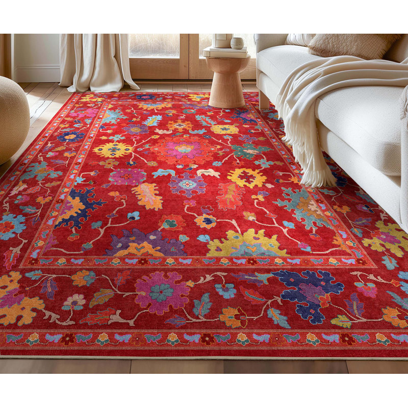 Bungalow Rose Adrith Bodrum Vintage Bohemian Floral Red Area Rug, Rectangle 7'7" x 9'10"