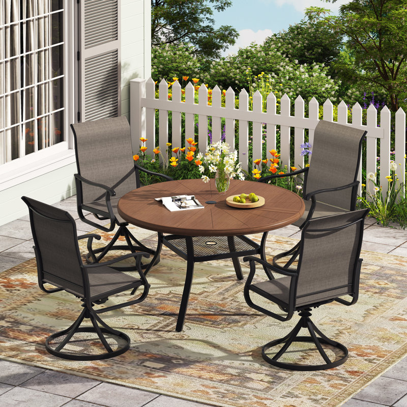 4-Person Outdoor Round Dining Set With Swivel Chairs, Walnut/Brown