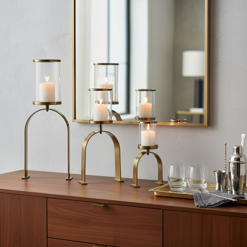 Modern Metal Pillar Candle Holder with Arched Stand Base - Decorative Tabletop Candlestick Holder for Home Decor - Set of 3, 22", 16", 10"