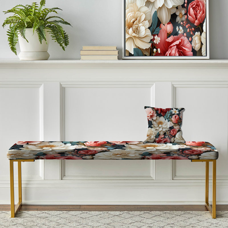 Upholstered Gold Bench, Vintage Boho Flower Peonies Blooms