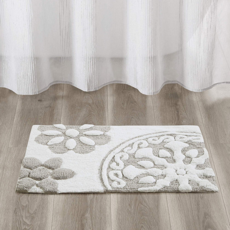 Tapis de salle de bain 100% coton touffeté luxueux tapis de bain à motif floral en médaillon absorbant, à séchage rapide, décor de salle de douche spa, rectangulaire 20 po x 30 po, taupe