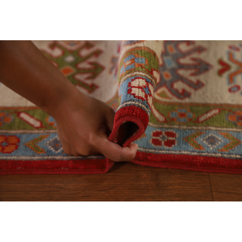 Tapis rouge / brun / bleu en laine noué à la main de conception unique 6 pi 7 po x 9 pi 10 po New Age