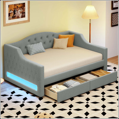 Twin XL Upholstered Daybed with LED Lights and Two Drawers