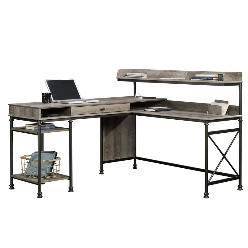 Bureau industriel en forme de L avec ports USB intégrés et trous à œillets (sans tabourets)