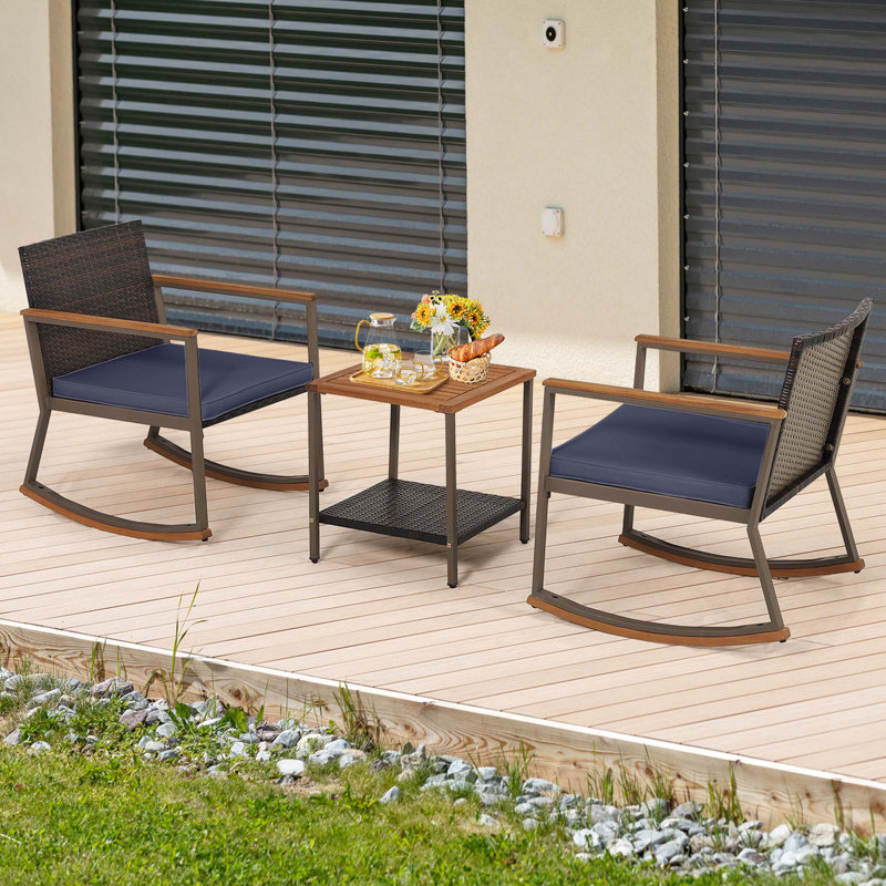 Arjen Acacia Wood Wicker 2 - Person Patio Conversation Set with Cushions, Navy