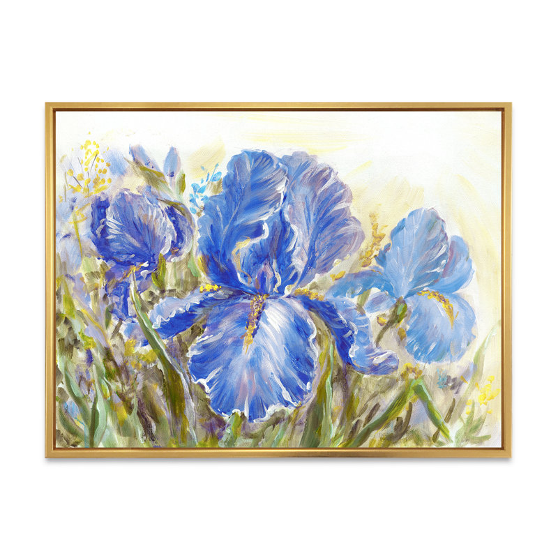 Iris Blossoming Flowers - peinture sur toile, H 12 po x l 20 po x p 1 po, Toile encadrée d'or