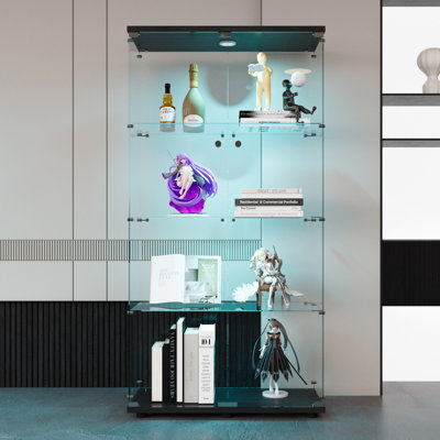 Two-door LED lights Glass Display Cabinet 4 Shelves with Door, Floor Standing Curio Bookshelf by Brayden Studio