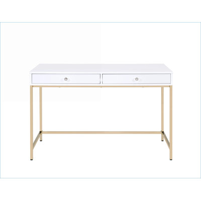 Bureau, bureau moderne blanc brillant avec 2 tiroirs et amp; Base en métal doré | Blanc | Bois synthétique