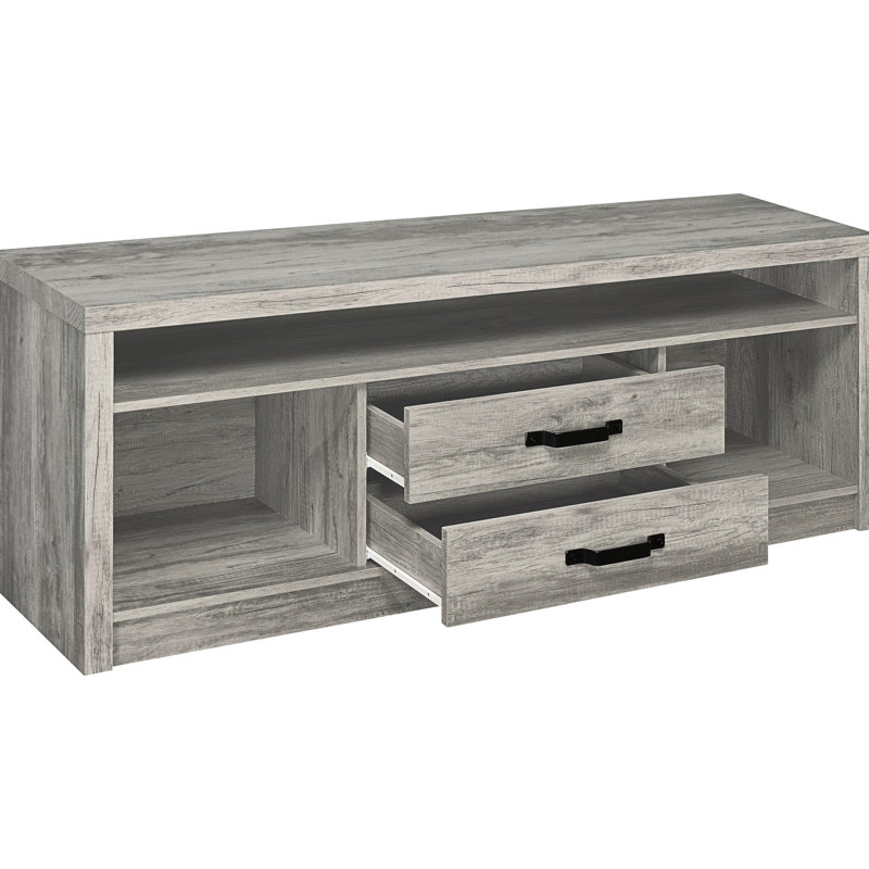 Meuble télé en bois d'ingénierie avec abat-jour en bois flotté gris, deux tiroirs pour un grand espace de rangement, style rustique vieilli et finition lisse, complète les meubles, 2 tiroirs avec une finition de 23,5 pouces de hauteur,