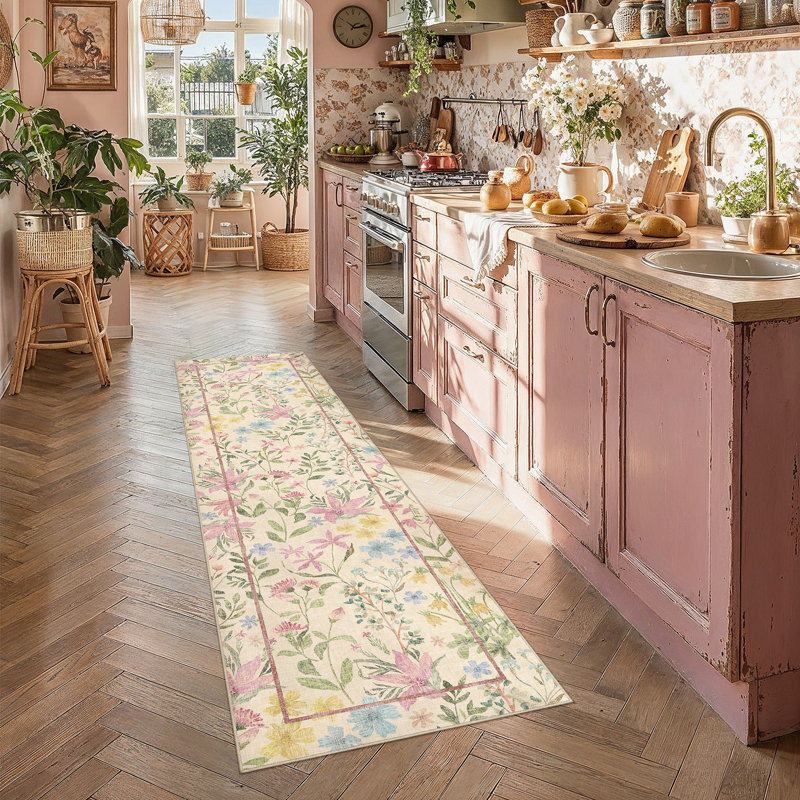 Floral Machine Woven Polyester Indoor Area Rug in Pink, Runner 2' x 8', 0.28"