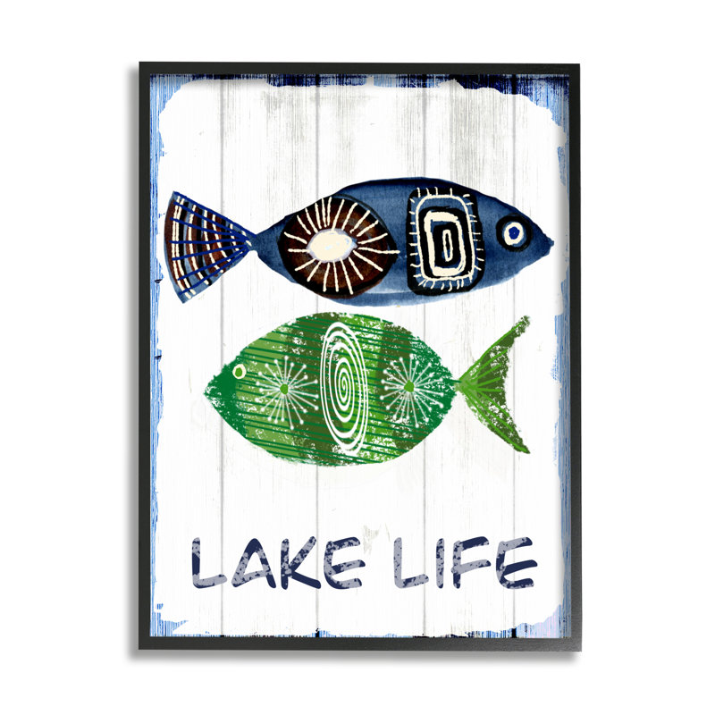 «Lake Life», motif de formes de poisson patiné par Jadei, impression, L 24 po x H 30 po, Giclée encadrée noir minuit