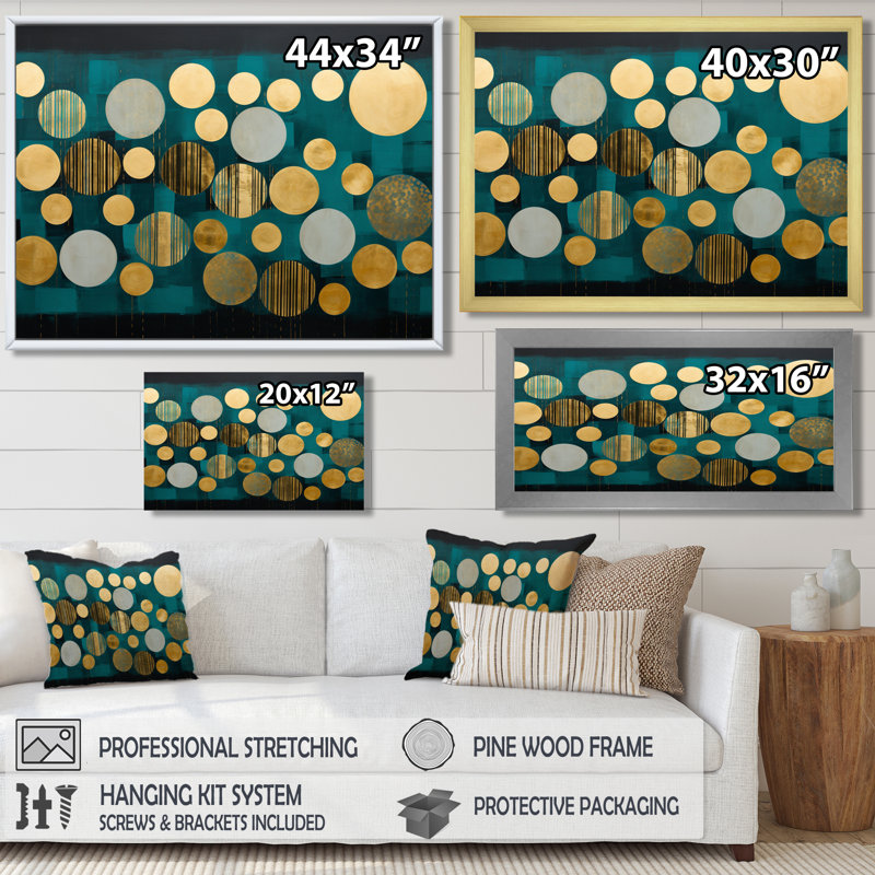 Golden Circles Dance On Teal Blue - Art mural géométrique abstrait, H 24 po x l 32 po x P 1 po, Toile tendue