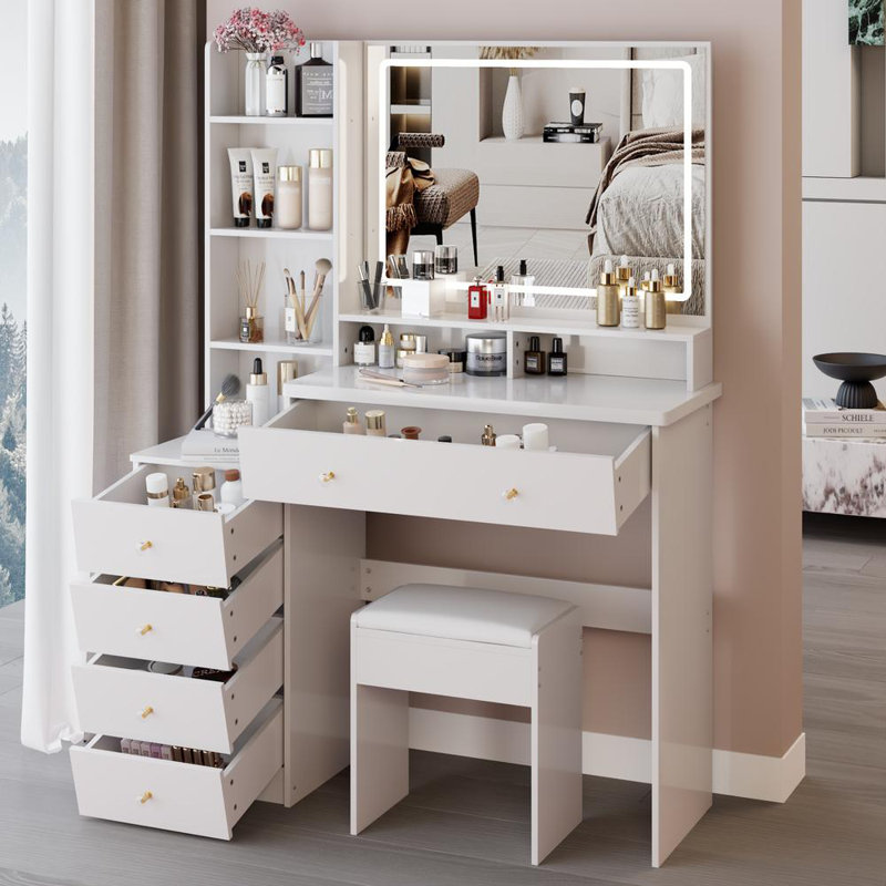 40.2" Makeup Vanity Table with Cushioned Stool, Touch-Control LED Mirror (3-Color & Brightness Adjustable), Drawers, and Multi-Layer Storage