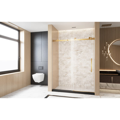 Porte de douche simple coulissante de l 56 à 60 po x H 76 po pour salle de bain, verre trempé transparent de 6 mm, film de preuve, rail tubulaire carré en acier inoxydable, finition dorée brossée, fonction lisse et stable des roues de 4,8 cm,