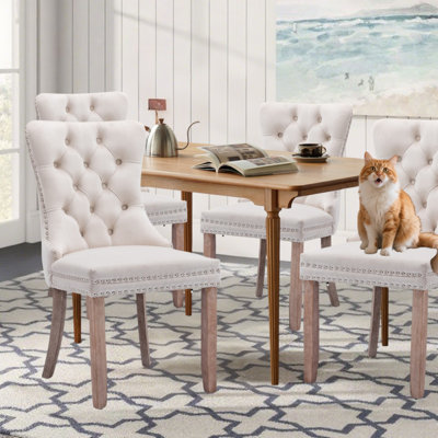 Modern Velvet Wingback Tufted Solid Wood Upholstered Dining Chairs,Beige