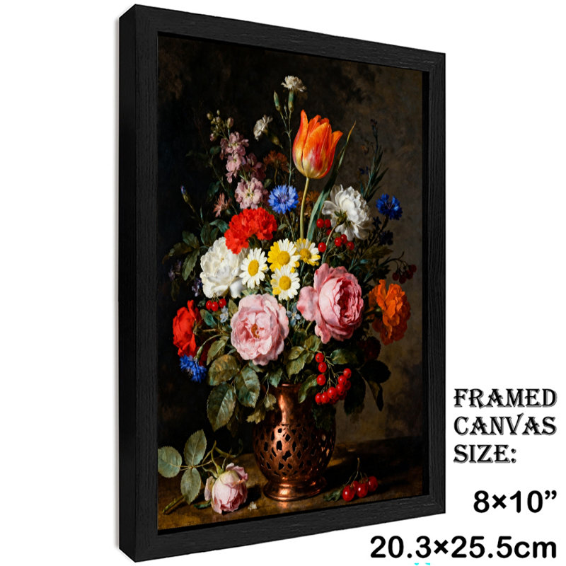 Reproduction encadrée noire rétro de diverses fleurs dans un vase, impressions sur toile de style rétro, H 11 po x l 9 po