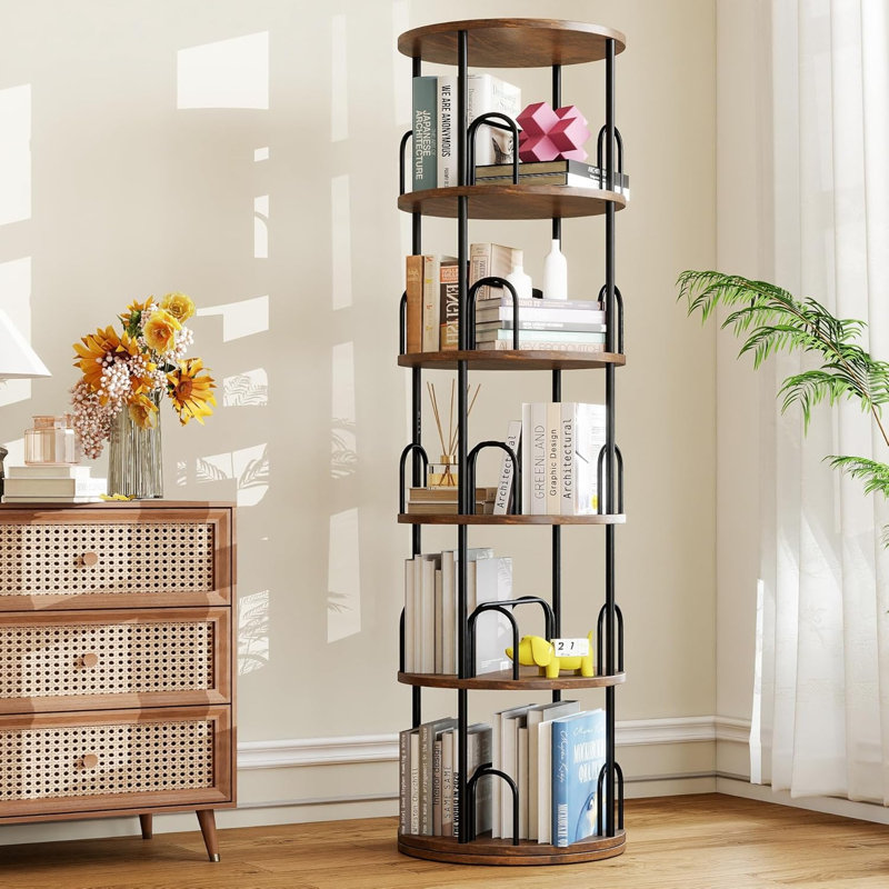5-Tier Rotating Bookshelf, 360° Round Spinning Book Shelf Tower, Tall Skinny Wood & Metal Bookshelf, Black