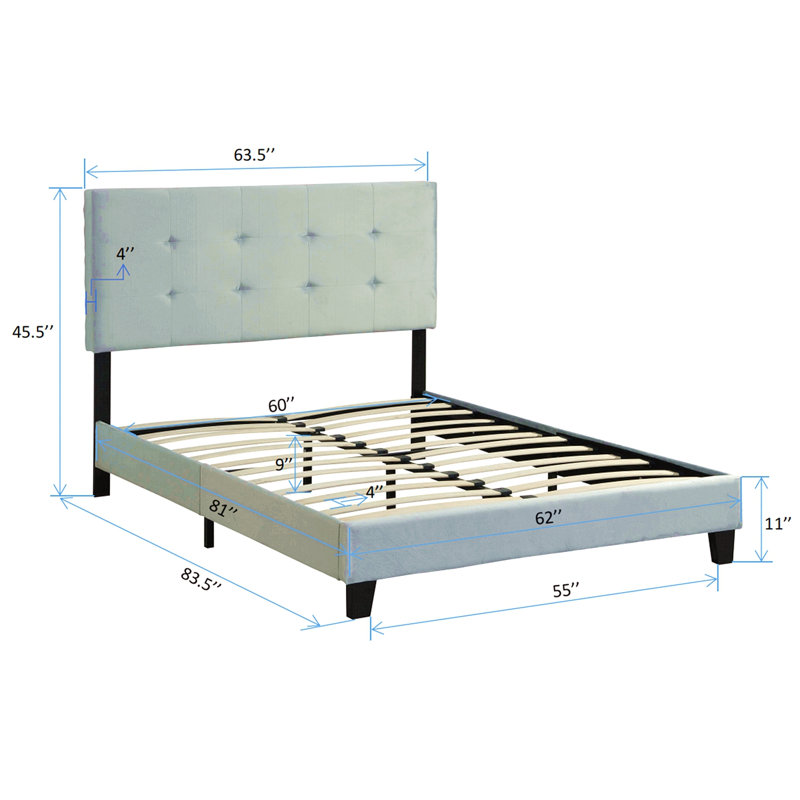 Structure de lit plateforme grand tapissier avec tête de lit capitonnée à tirette, support de lattes en bois massif, sommier à ressorts, aucun sommier requis, assemblage facile, gris