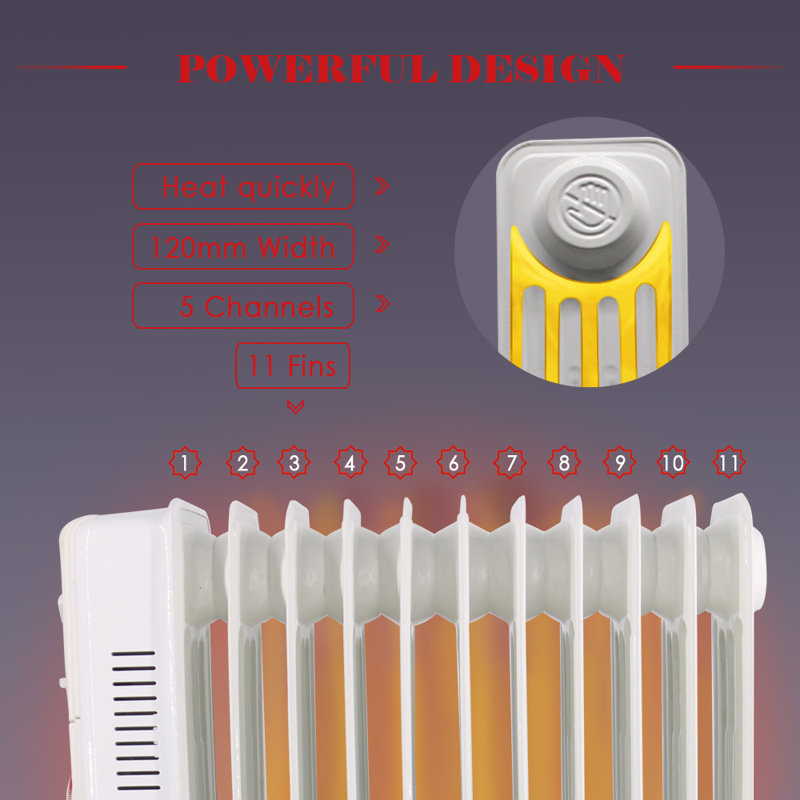 Brecken Oil Filled Radiator 11 Fin 2500W Portable Electric Heater with 24H Timer, White