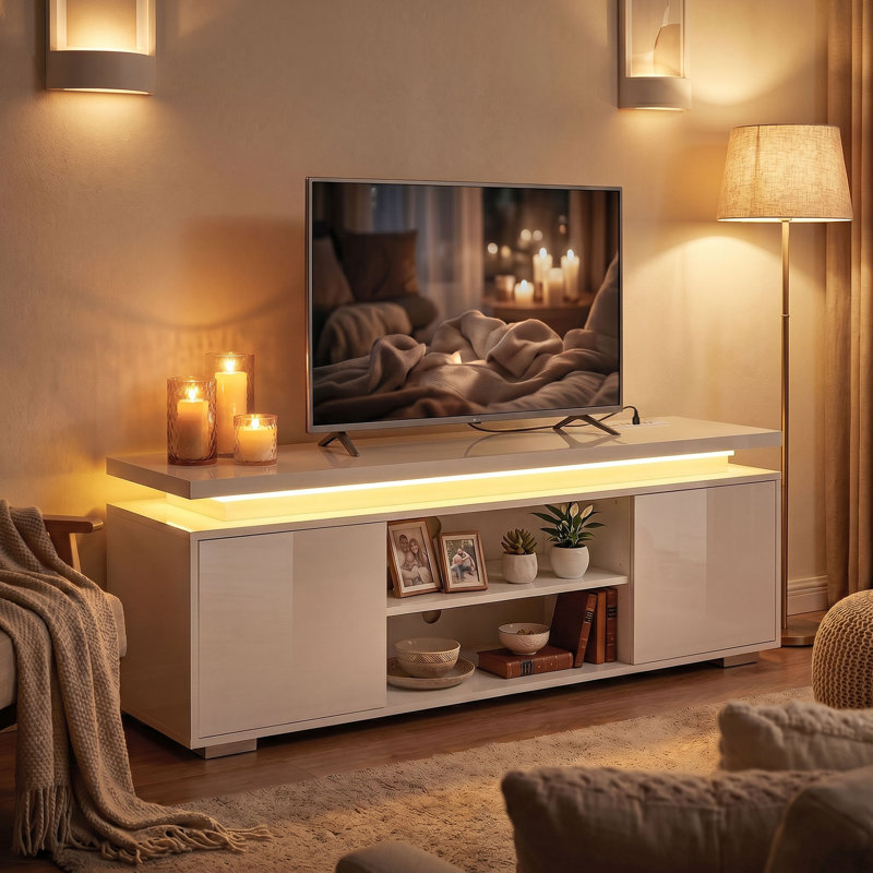 Meuble télé avec lumières DEL pour téléviseur de 60 po, console, blanc ultrabrillant, Blanc