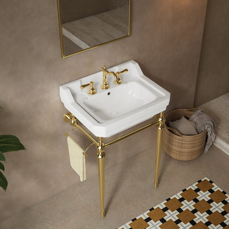 Lavabo de console mural en céramique 23 "avec pieds en acier inoxydable, Doré